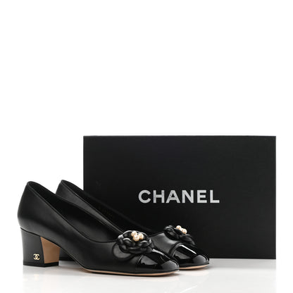 Chanel Lambskin Patent Calfskin Pearl Camellia Cap Toe Pumps 38.5 Black 16 of 16
