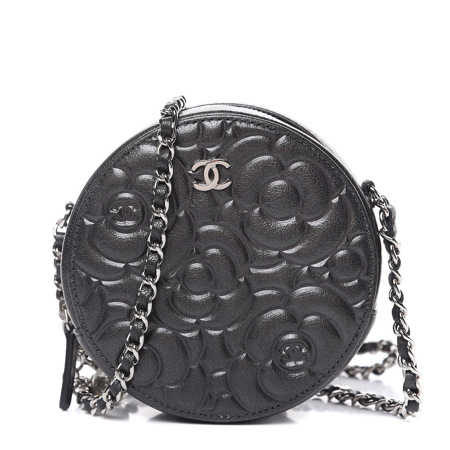 Goatskin Camellia Quilted Round Clutch With Chain Grey