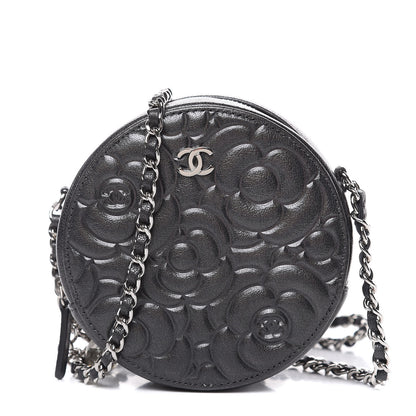 Chanel Goatskin Camellia Quilted Round Clutch With Chain Grey 1 of 12