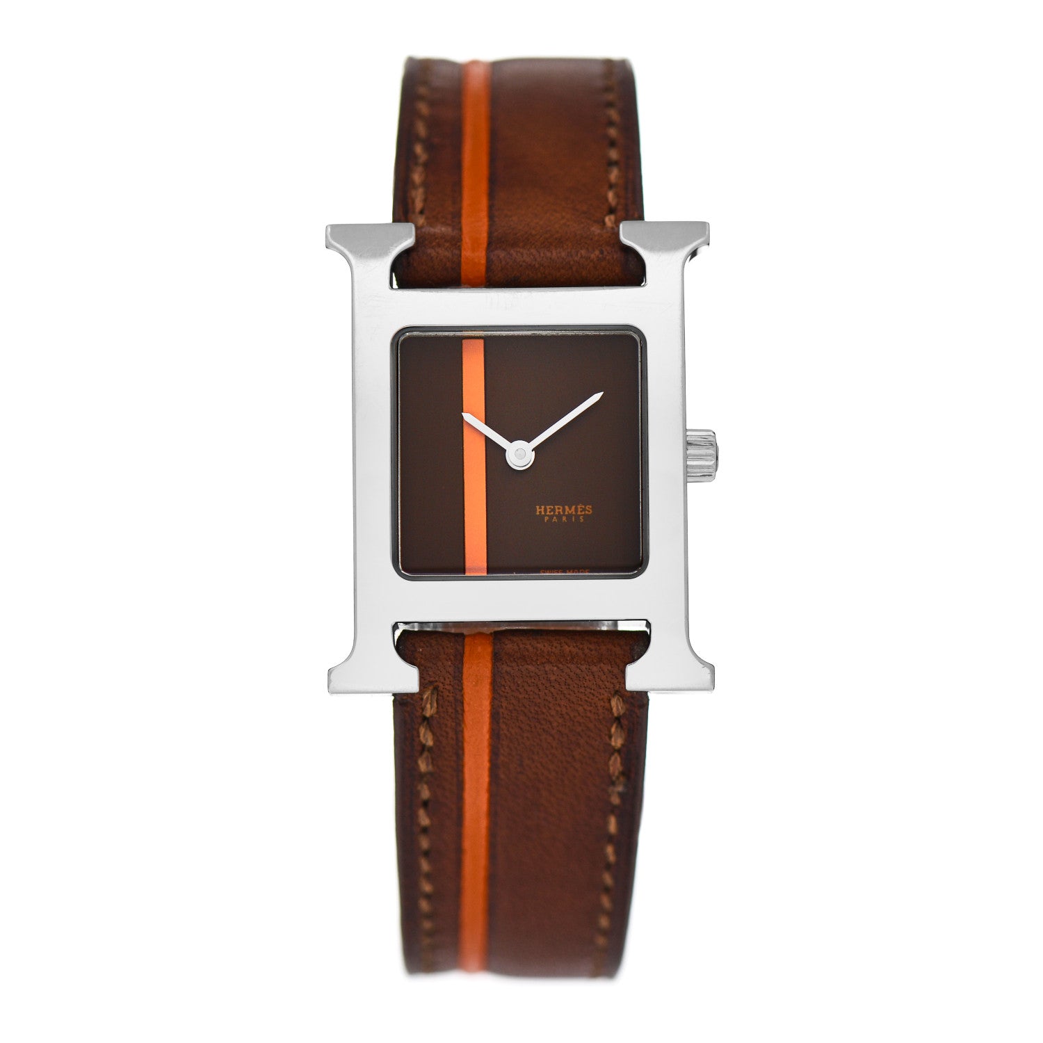 Hermes Stainless Steel Barenia 21mm Heure H Hour Quartz Watch Fauve Orange 1 of 4
