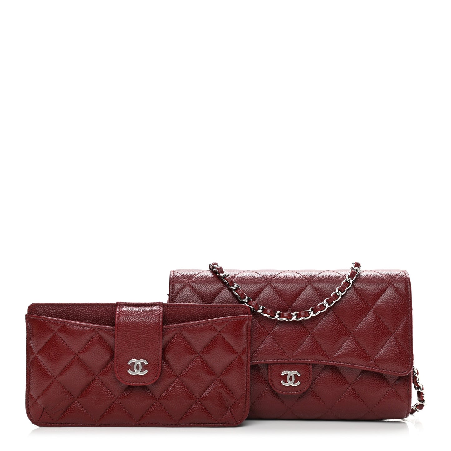 Caviar Quilted Phone Holder Wallet on Removable Chain Red