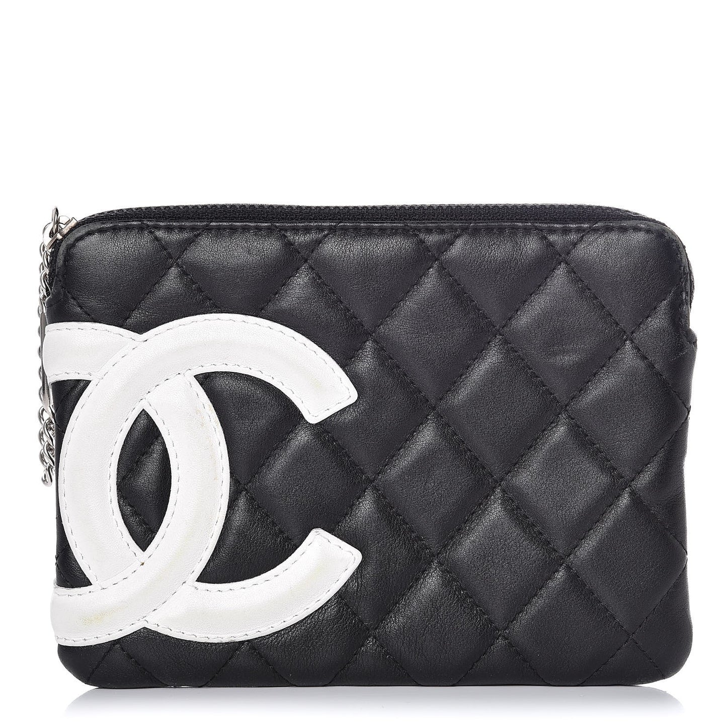Calfskin Quilted Cambon Cosmetic Pouch Black White