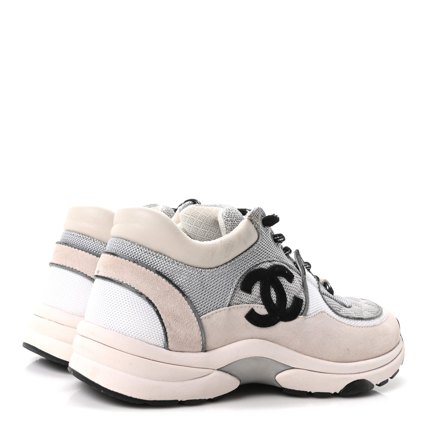 Mesh Suede Calfskin Grained Calfskin Womens CC Sneakers 37.5 Grey White