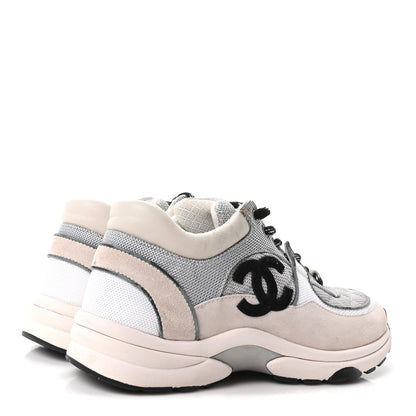 Chanel Mesh Suede Calfskin Grained Calfskin Womens CC Sneakers 37.5 Grey White 5 of 10