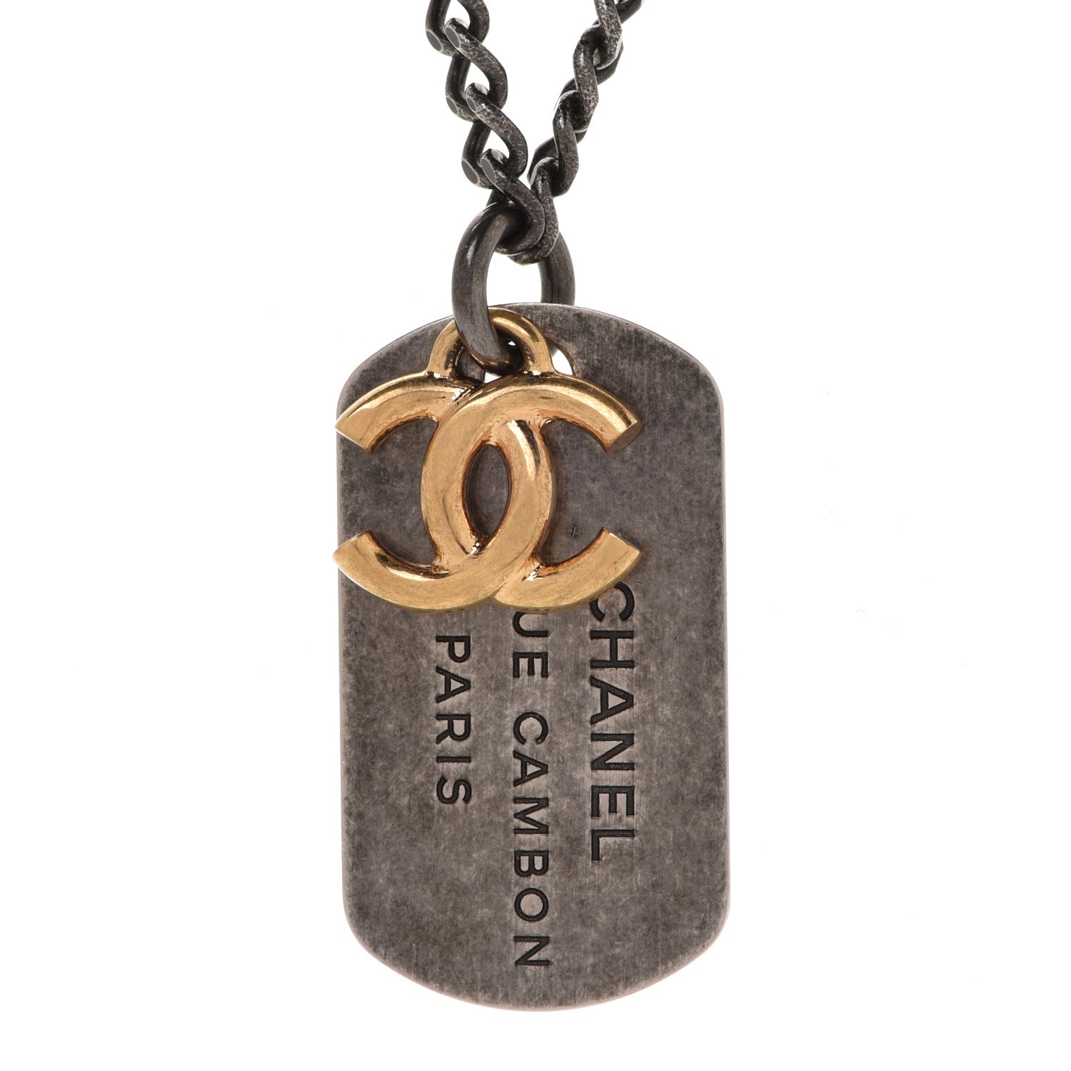 Chanel Ruthenium ID Dog Tag Charm Necklace Silver Gold 4 of 6
