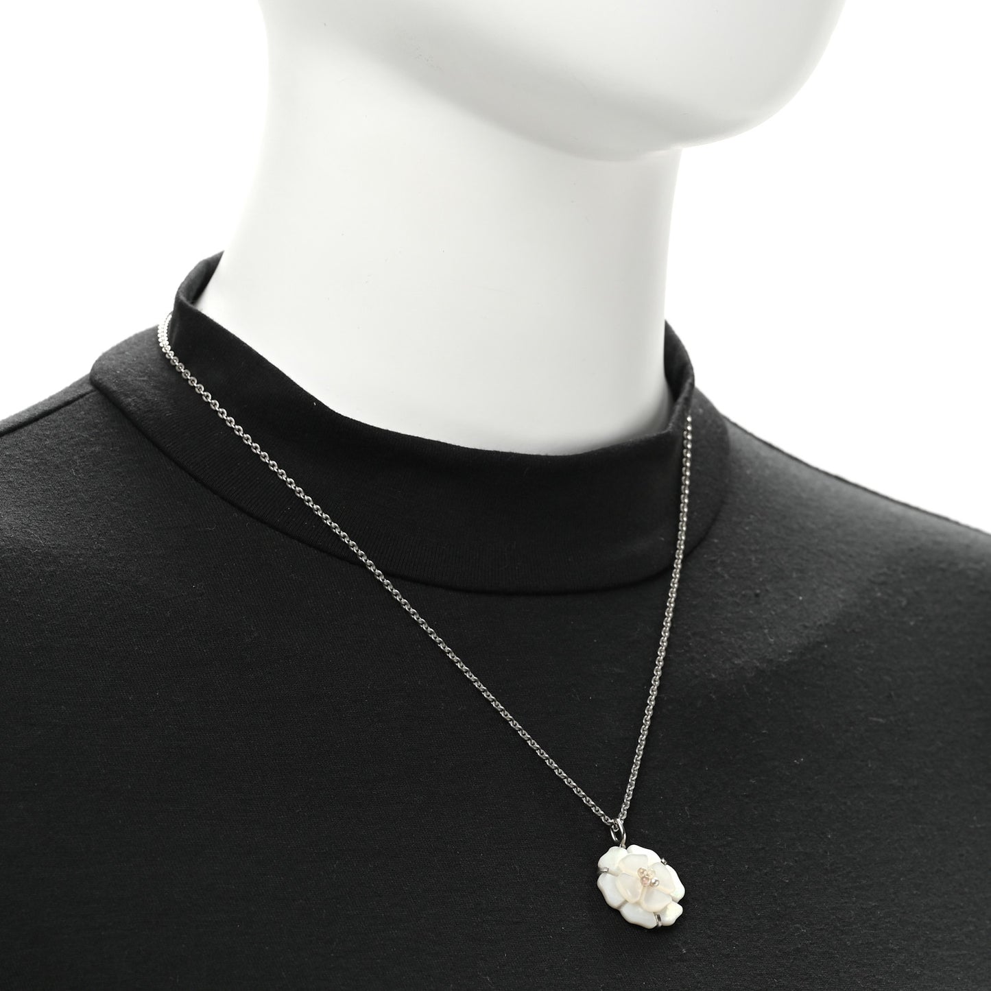 Mother of Pearl Camellia Pendant Necklace Silver White