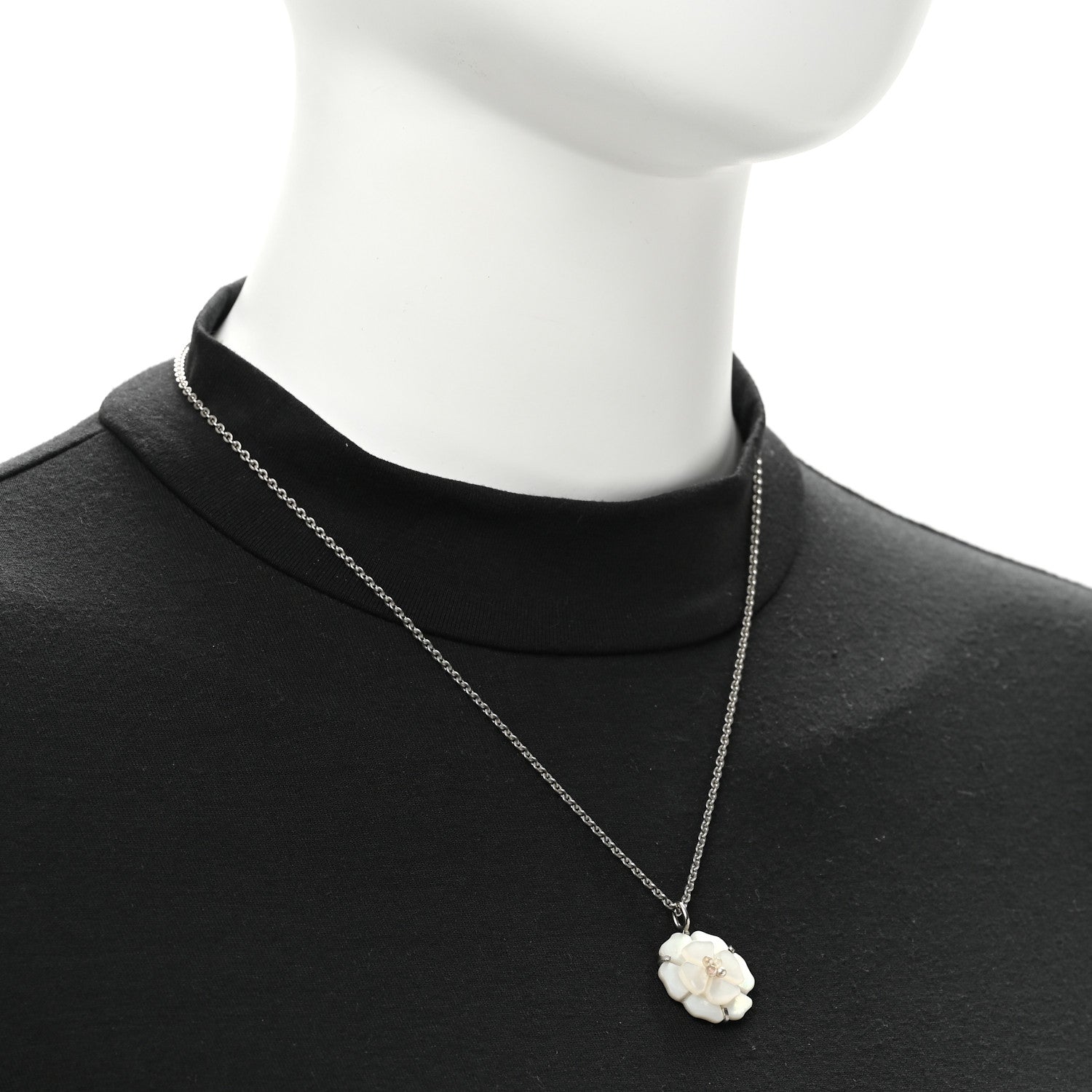 Chanel Mother of Pearl Camellia Pendant Necklace Silver White 2 of 6