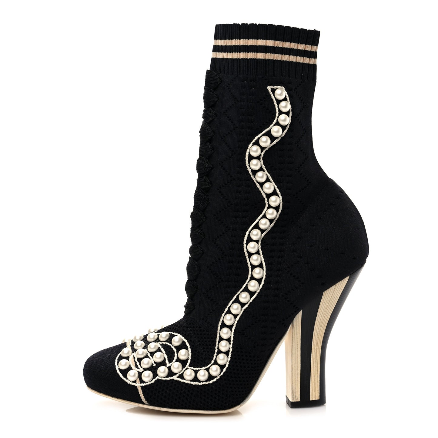Stretch Fabric Pearl Embellished Openwork Rockoko 105mm Sock Boots 37 Black