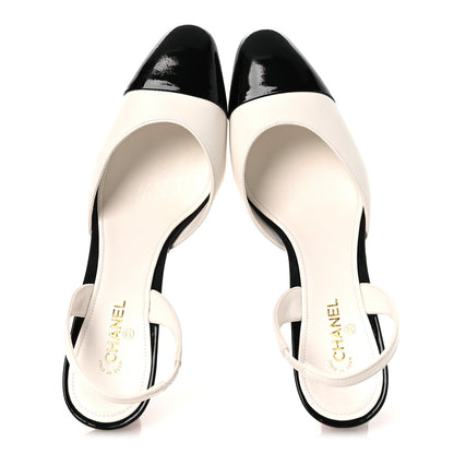 Chanel Lambskin Patent Calfskin Cap Toe CC Apple Slingback Pumps 40 White Black 2 of 11
