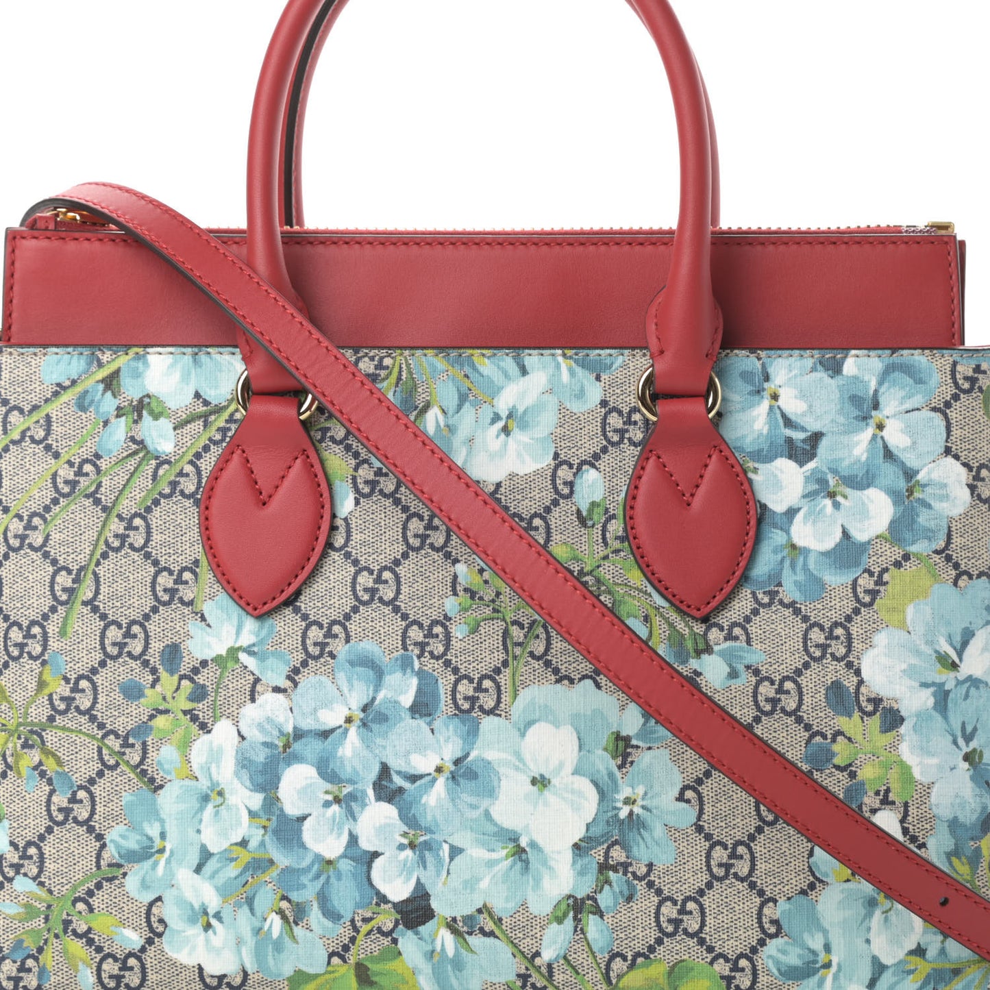 GG Supreme Monogram Blooms Medium Zip Top Tote Beige Blue Navy Hibiscus Red