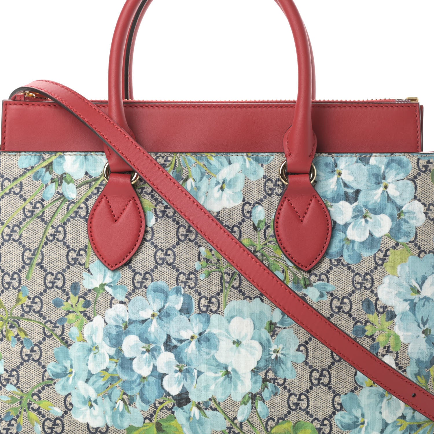 Gucci GG Supreme Monogram Blooms Medium Zip Top Tote Beige Blue Navy Hibiscus Red 8 of 12