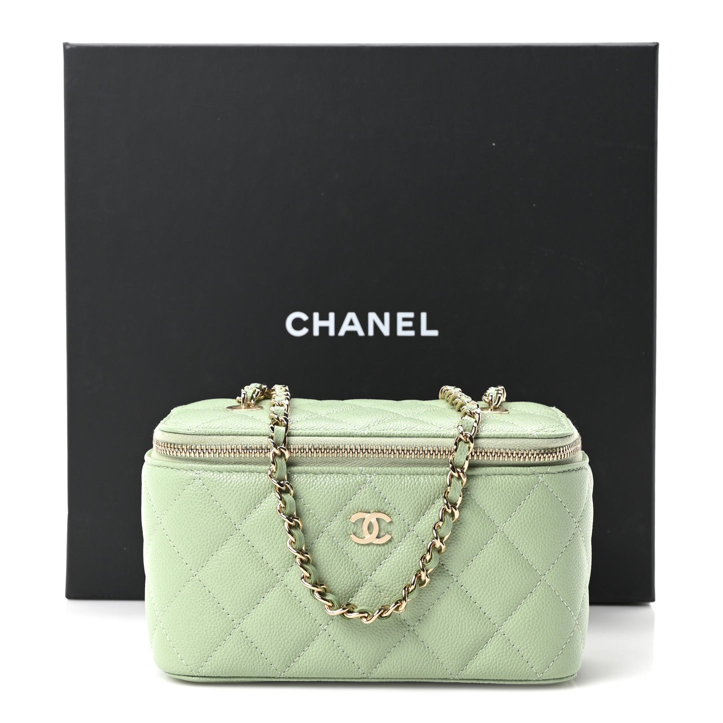 Caviar Quilted Small Vanity Case With Chain Light Green