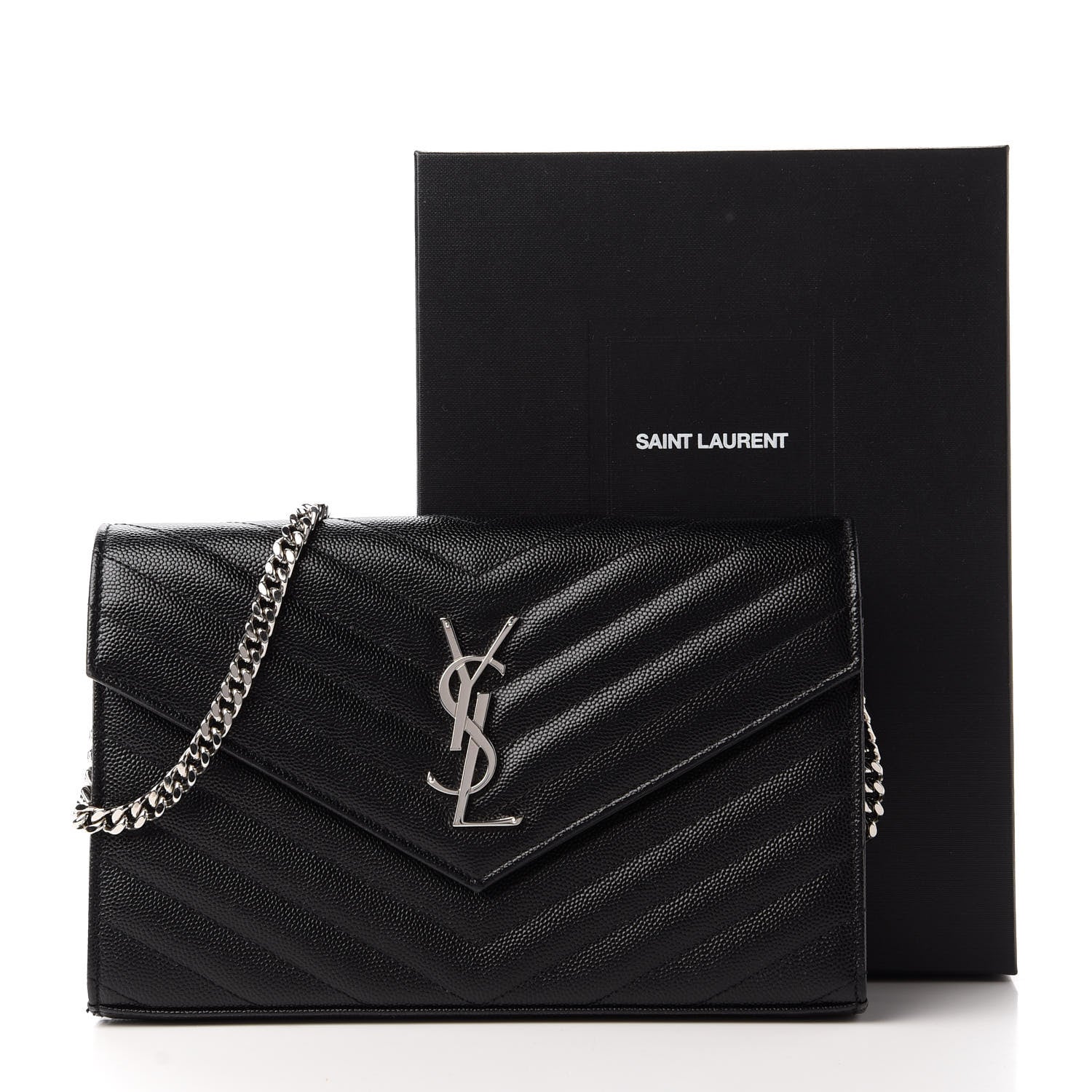 Saint Laurent Grain De Poudre Matelasse Chevron Monogram Chain Wallet Black 11 of 11
