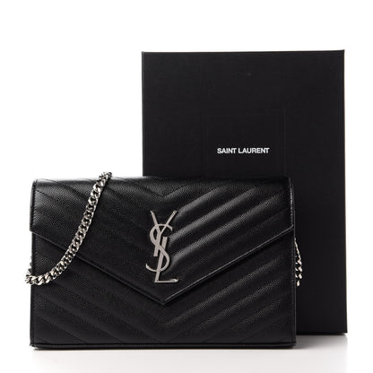 Saint Laurent Grain De Poudre Matelasse Chevron Monogram Chain Wallet Black 11 of 11