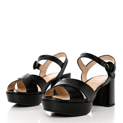 Prada Vernice Saffiano Embossed Crisscross Platform 20/65mm Sandals 37.5 Black 3 of 10
