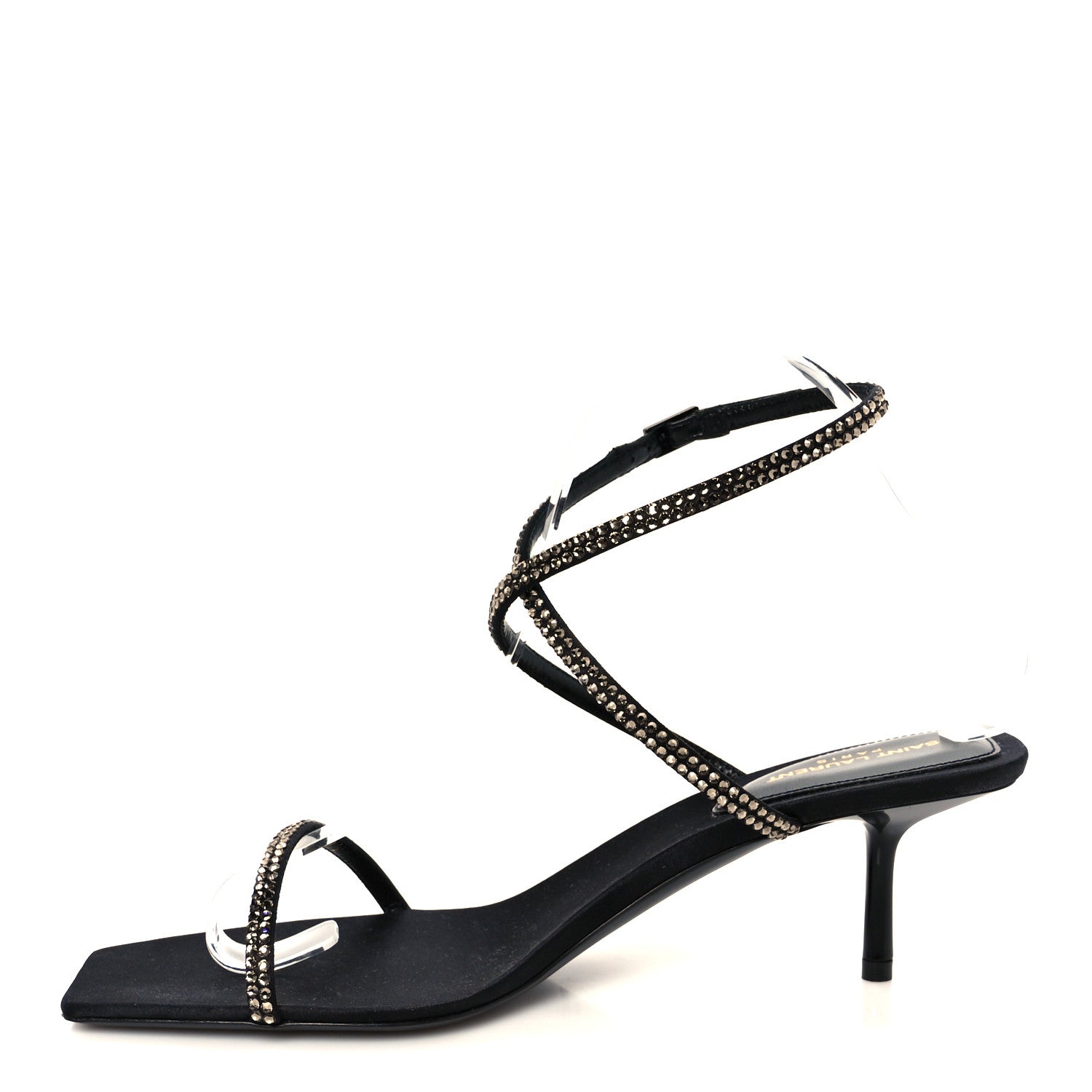 Saint Laurent Crepe Satin Strass Baliqua 55 Ankle Strap Sandals 38.5 Black Greige 1 of 10