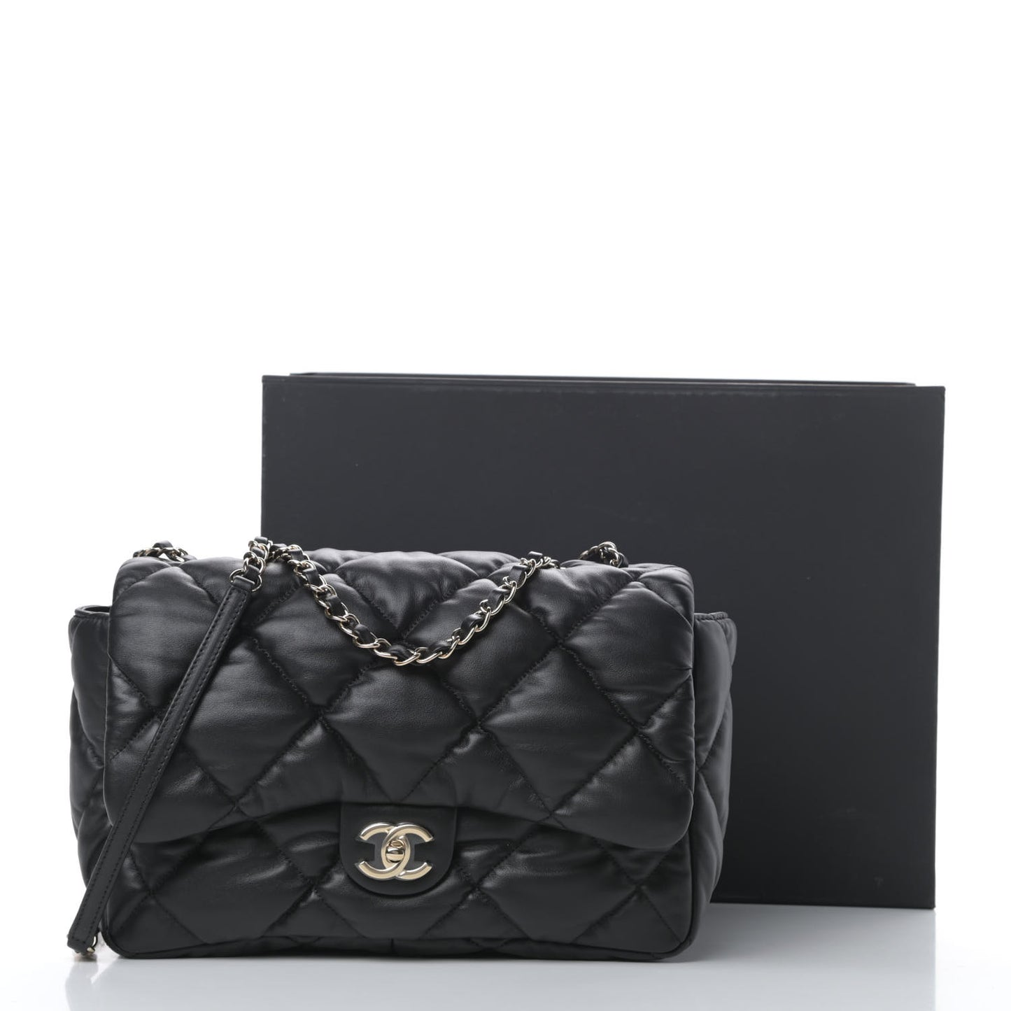 Calfskin Quilted Large Bubbly Flap Black