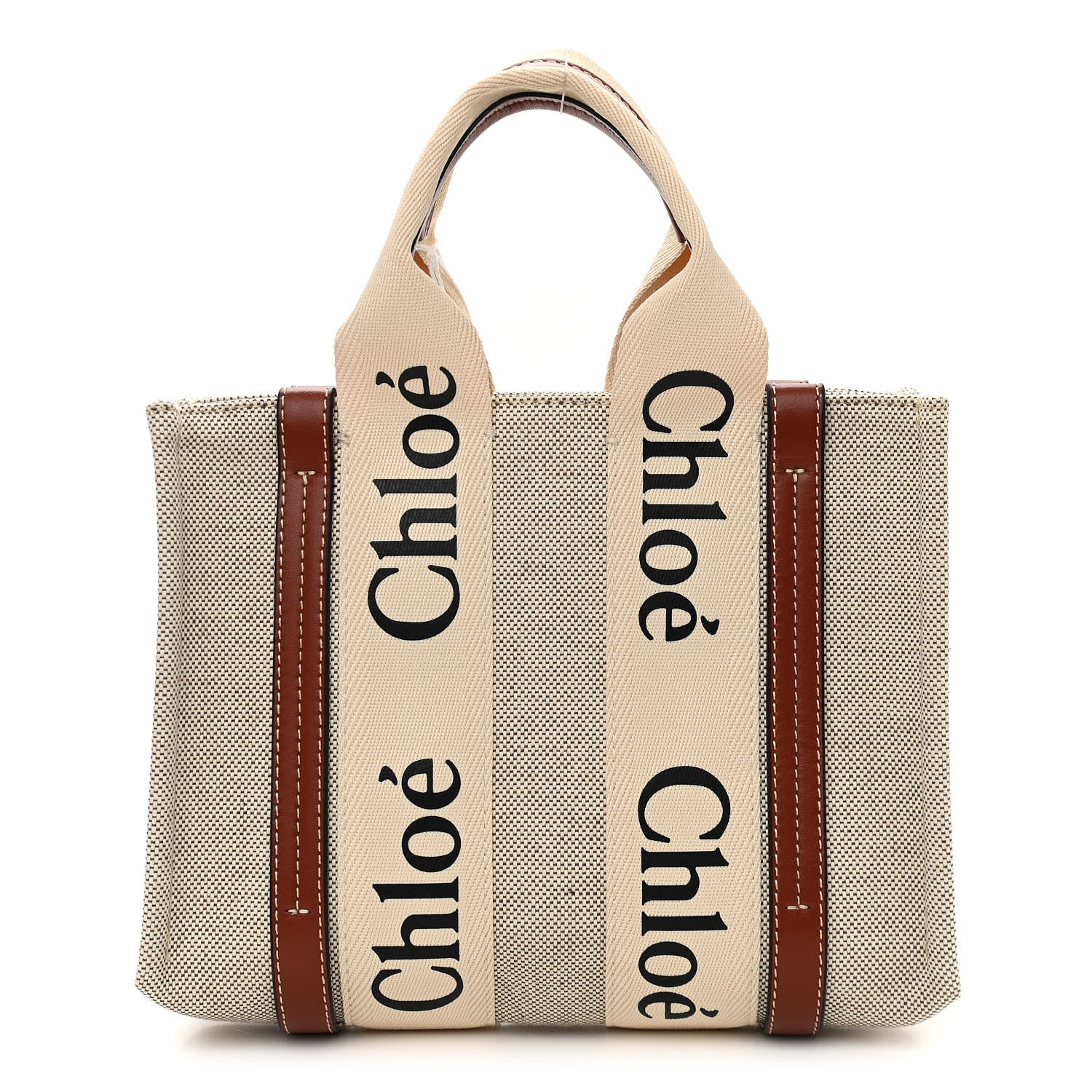Chloe Cotton Calfskin Small Woody Ribbon Tote White Brown 1 of 11