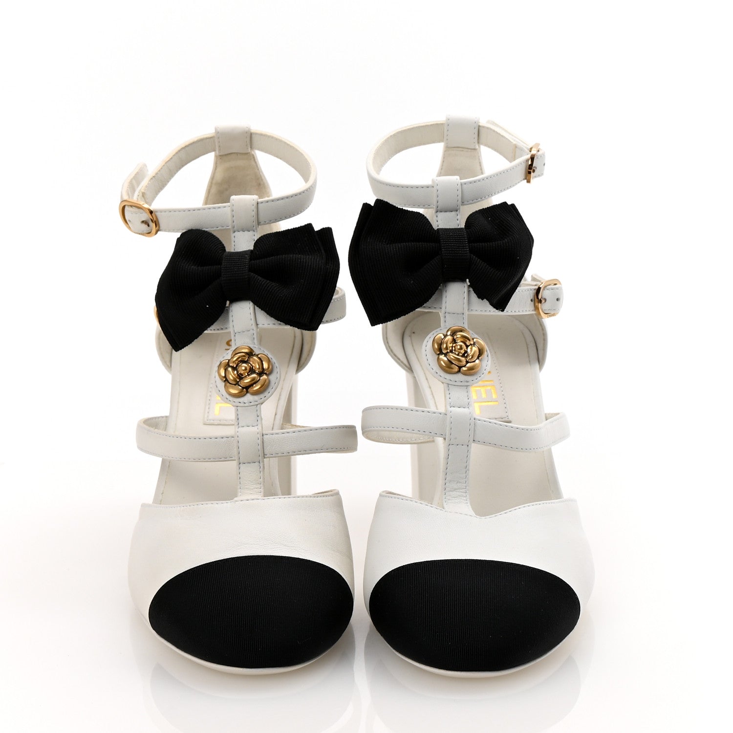 Chanel Lambskin Grosgrain Bow Camellia Mary Jane Pumps 38 White Black 3 of 11