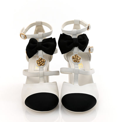 Chanel Lambskin Grosgrain Bow Camellia Mary Jane Pumps 38 White Black 3 of 11