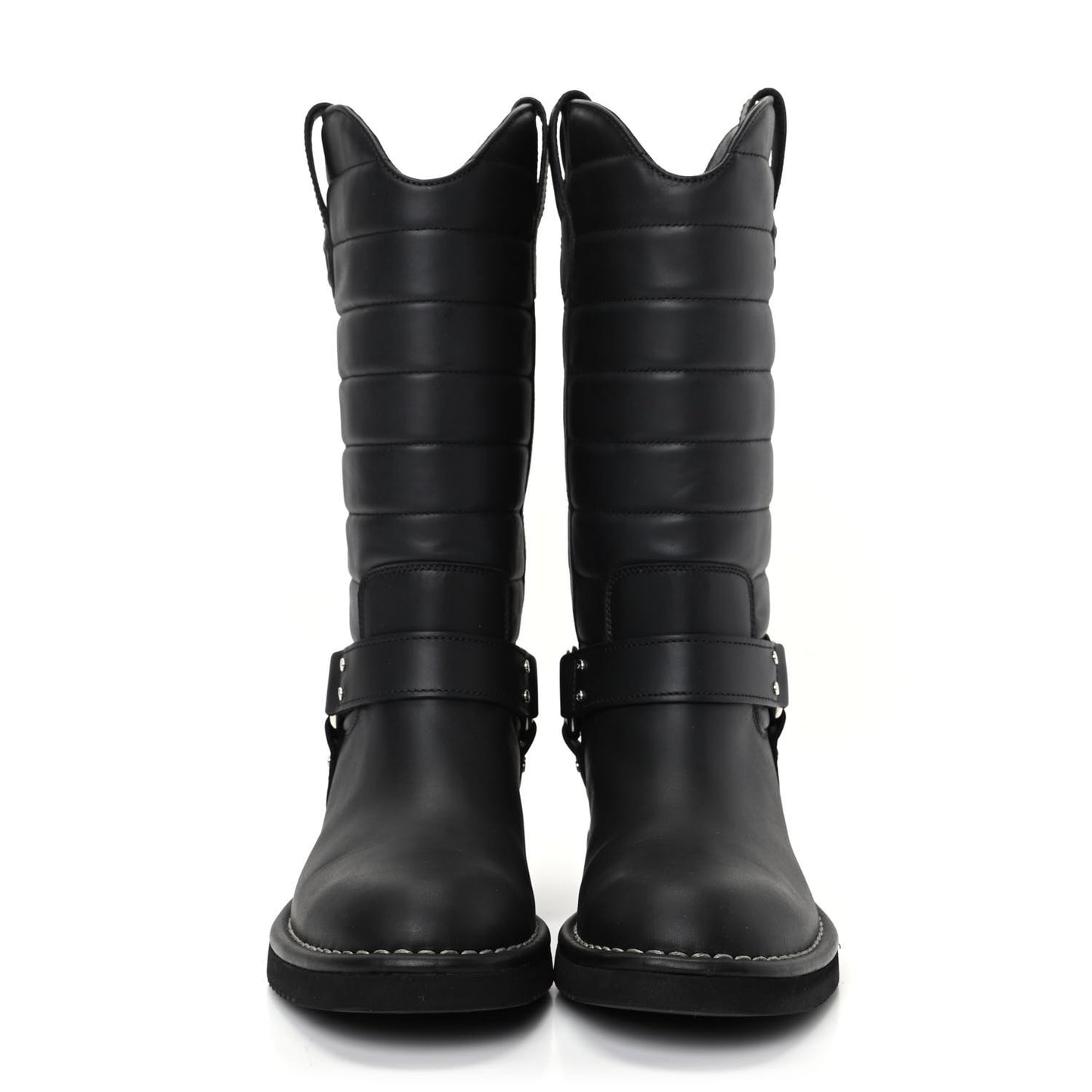 Oily Calfskin Star Quilted Biker Boots 36.5 Black
