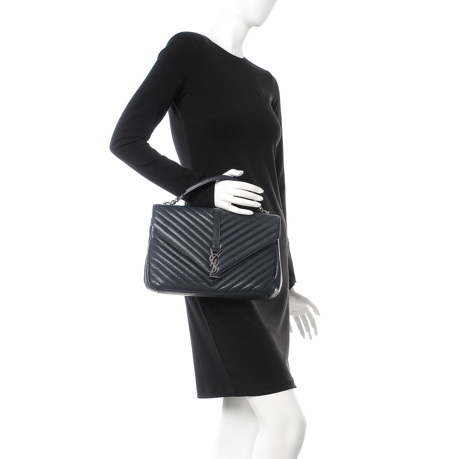 Saint Laurent Sheepskin Matelasse Chevron Monogram Large College Satchel Navy Blue 3 of 10