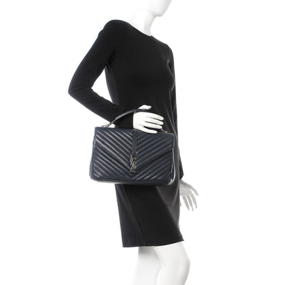 Saint Laurent Sheepskin Matelasse Chevron Monogram Large College Satchel Navy Blue 3 of 10