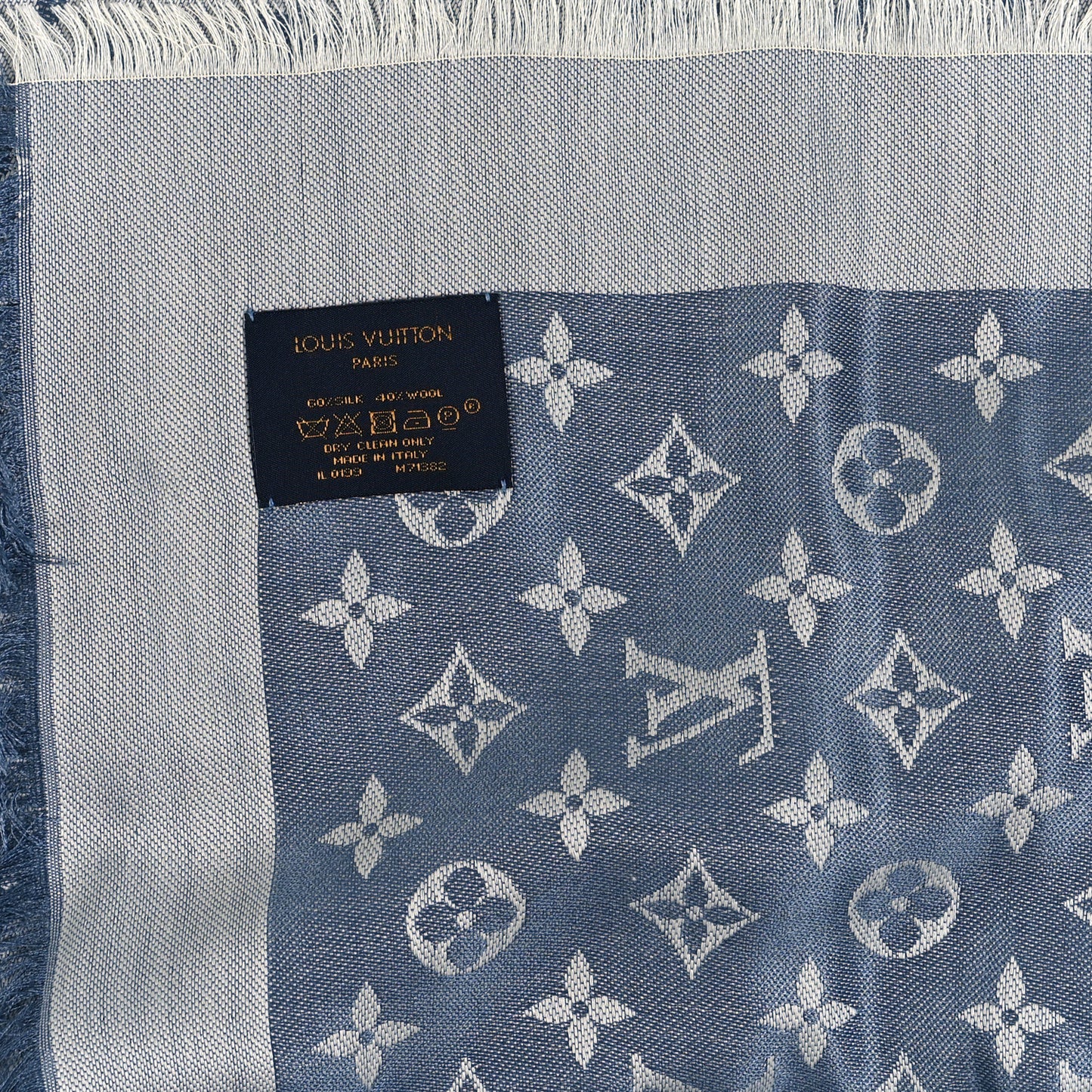 Silk Wool Monogram Denim Shawl Light Blue