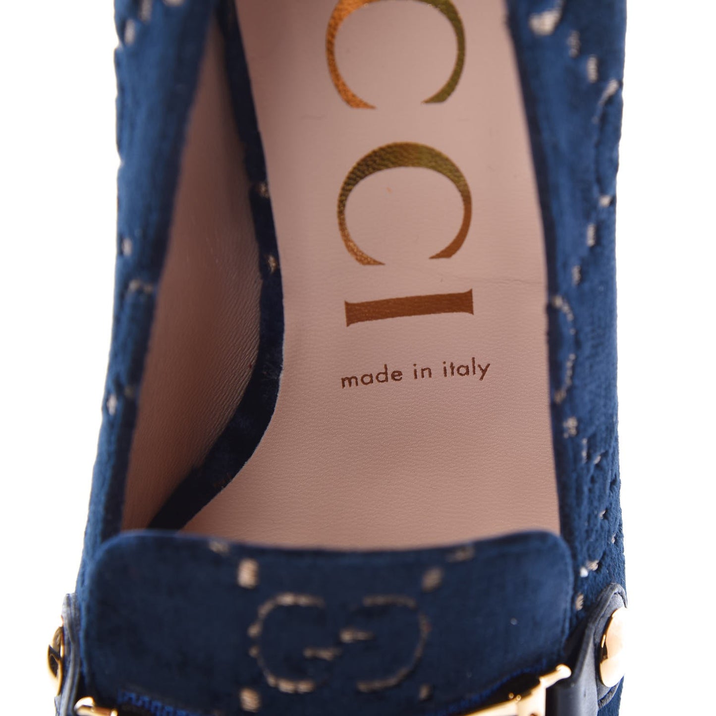 Velvet GG Monogram Sylvie Web Chain Mid Heel Loafers 39 Blue Beige