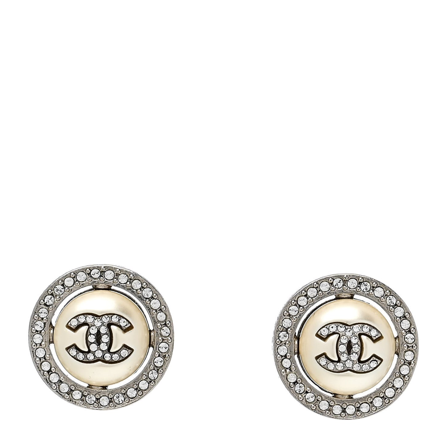 Pearl Crystal CC Round Earrings Silver