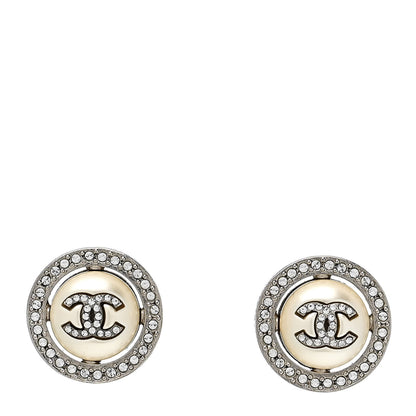 Chanel Pearl Crystal CC Round Earrings Silver 1 of 4