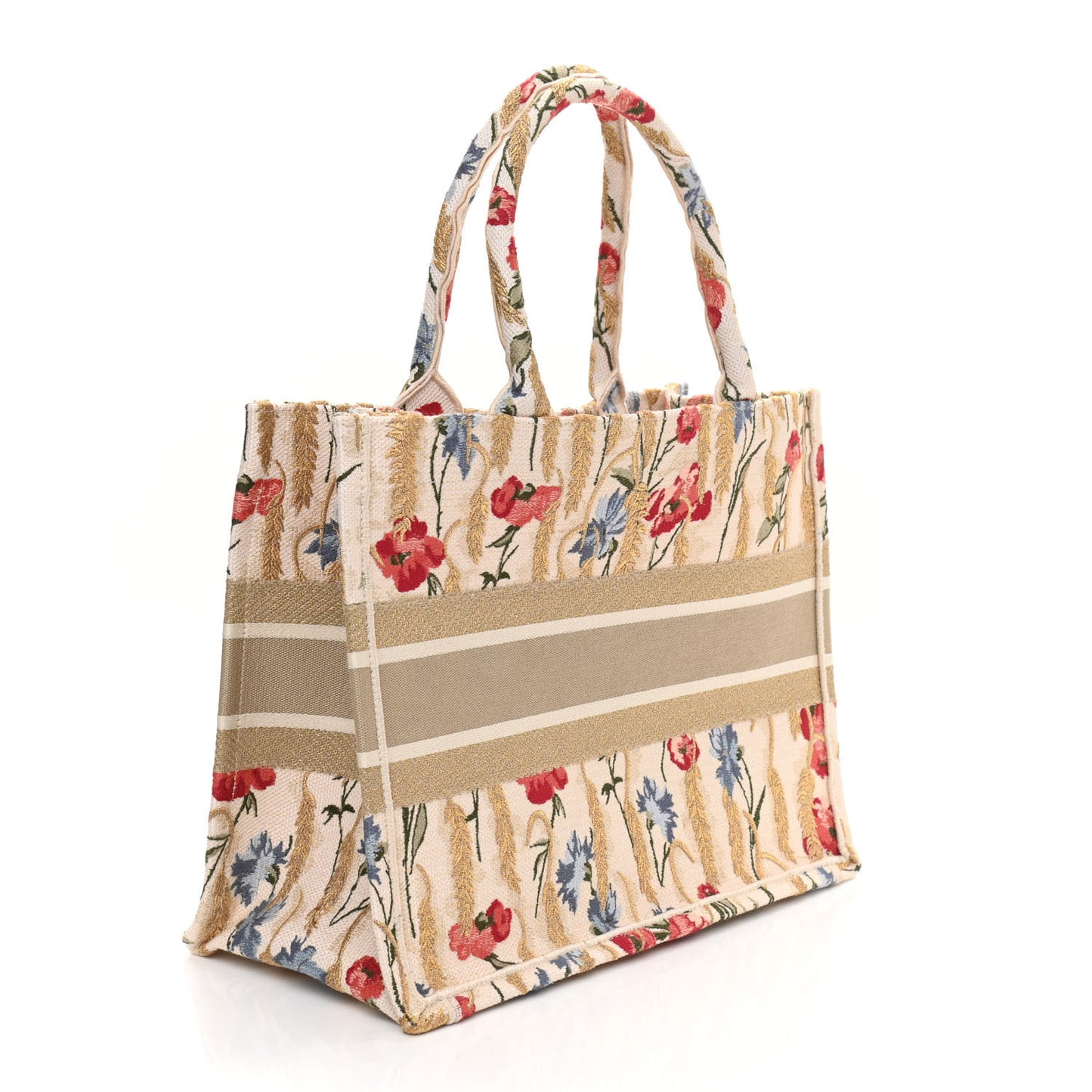 Canvas Embroidered Medium Hibiscus Book Tote Beige Multicolor