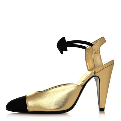Chanel Laminated Lambskin Grosgrain Cap Toe CC Pumps 38 Gold Black 1 of 10
