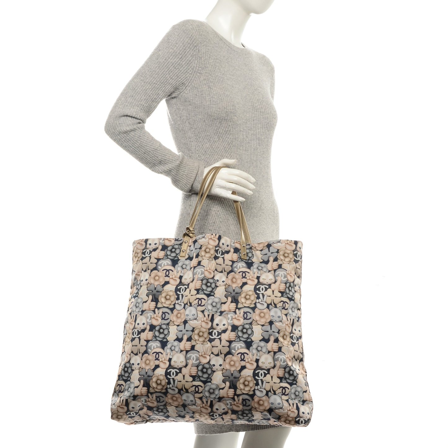 Nylon Cat Emoticon Tote Navy Gold