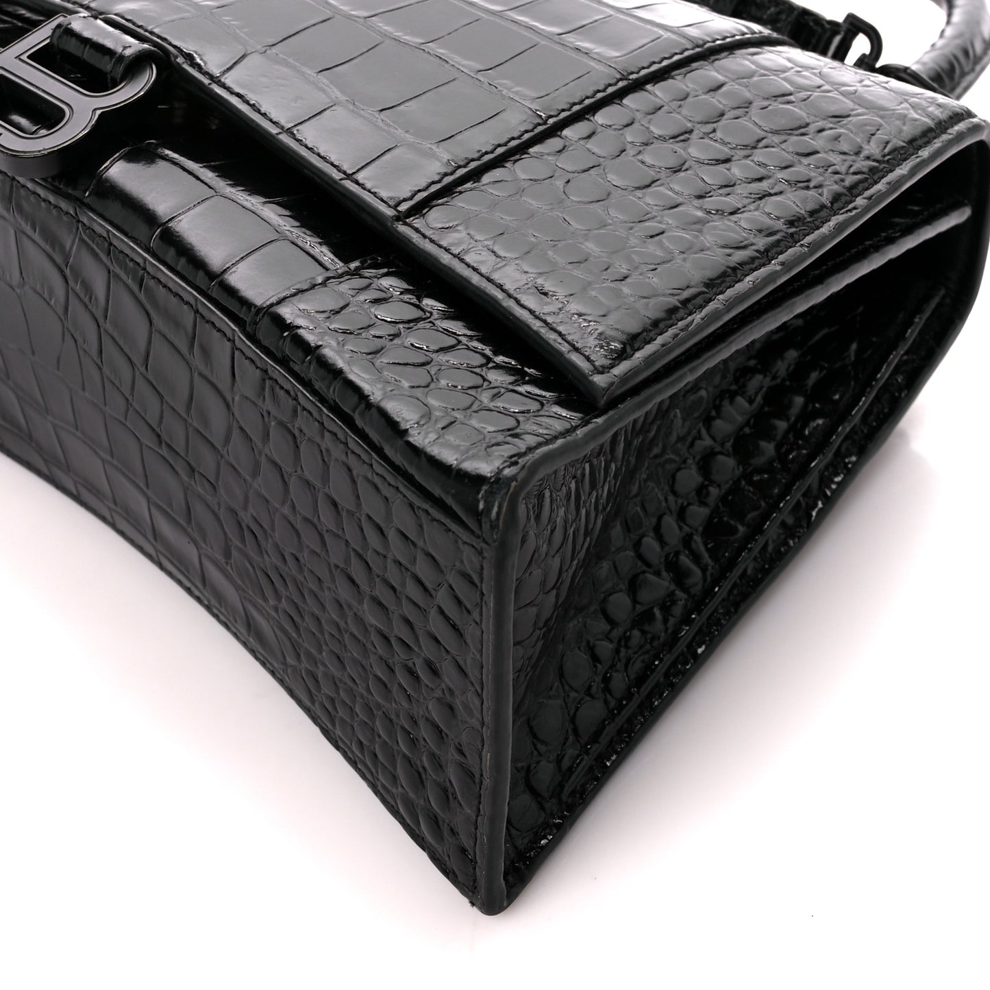 Shiny Calfskin Monochrome Crocodile Embossed Medium Hourglass Top Handle Bag Black