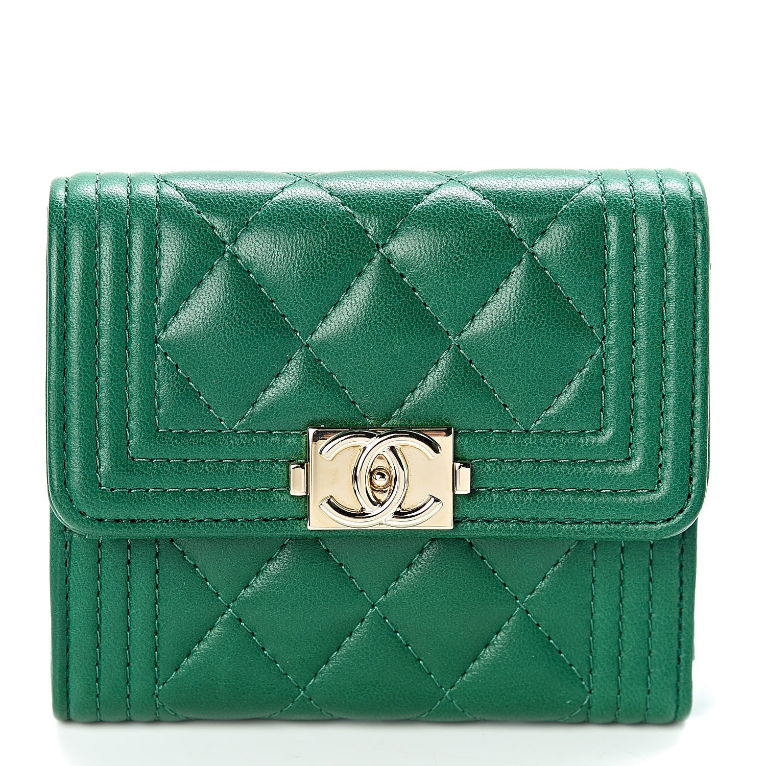 Chanel Lambskin Quilted Compact Boy Wallet Green 1 of 9