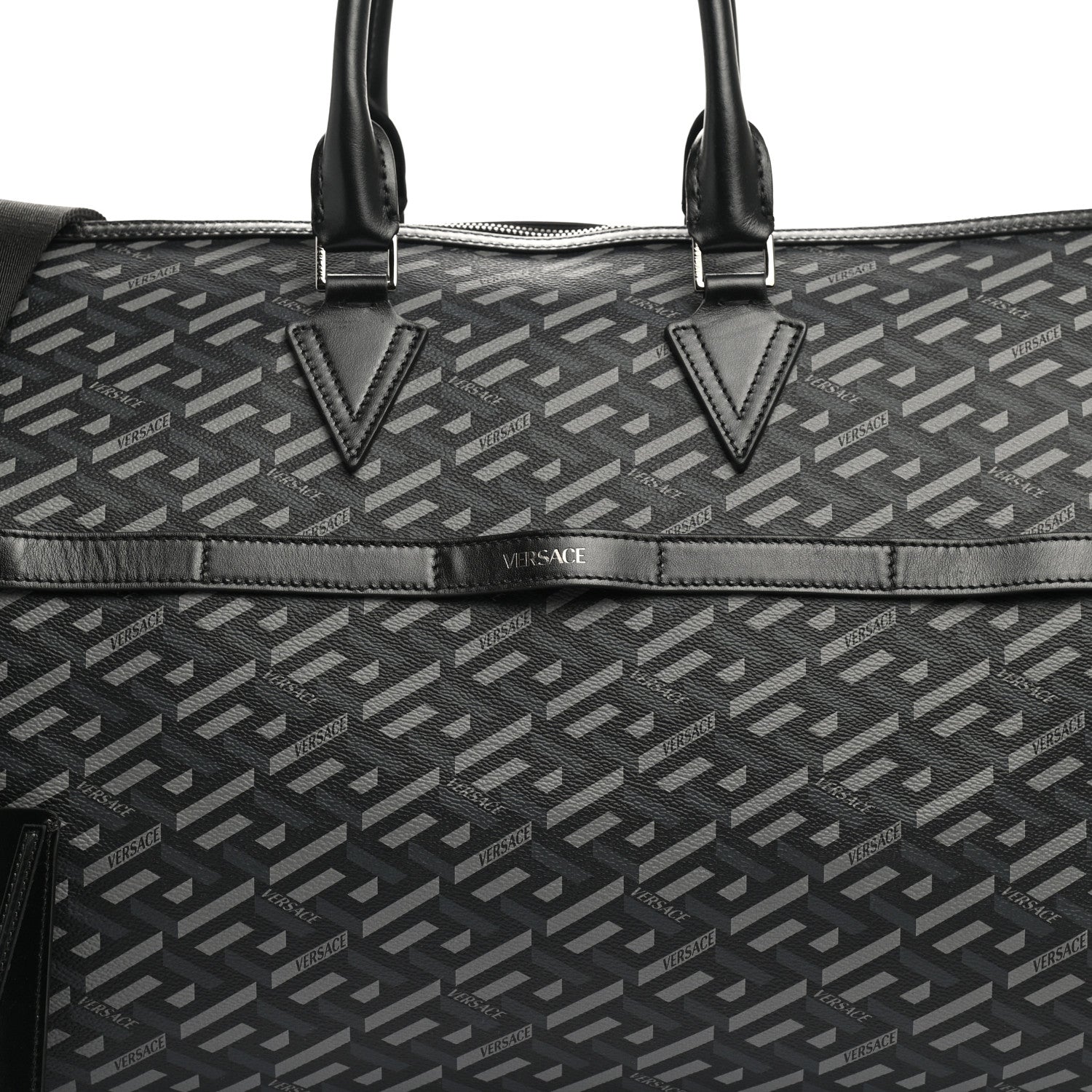 Versace Coated Canvas Calfskin La Greca Signature Travel Bag Black Grey 7 of 12