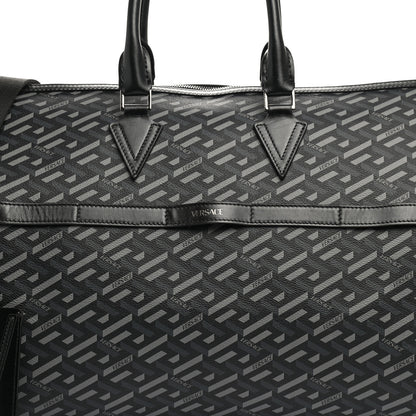 Versace Coated Canvas Calfskin La Greca Signature Travel Bag Black Grey 7 of 12