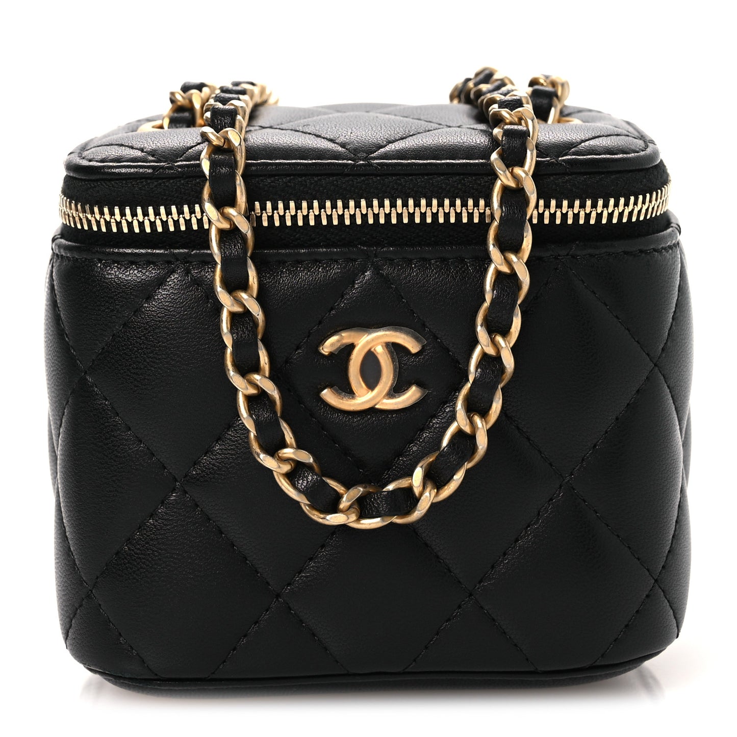 Lambskin Quilted Mini Pearl Crush Vanity Case With Chain Black