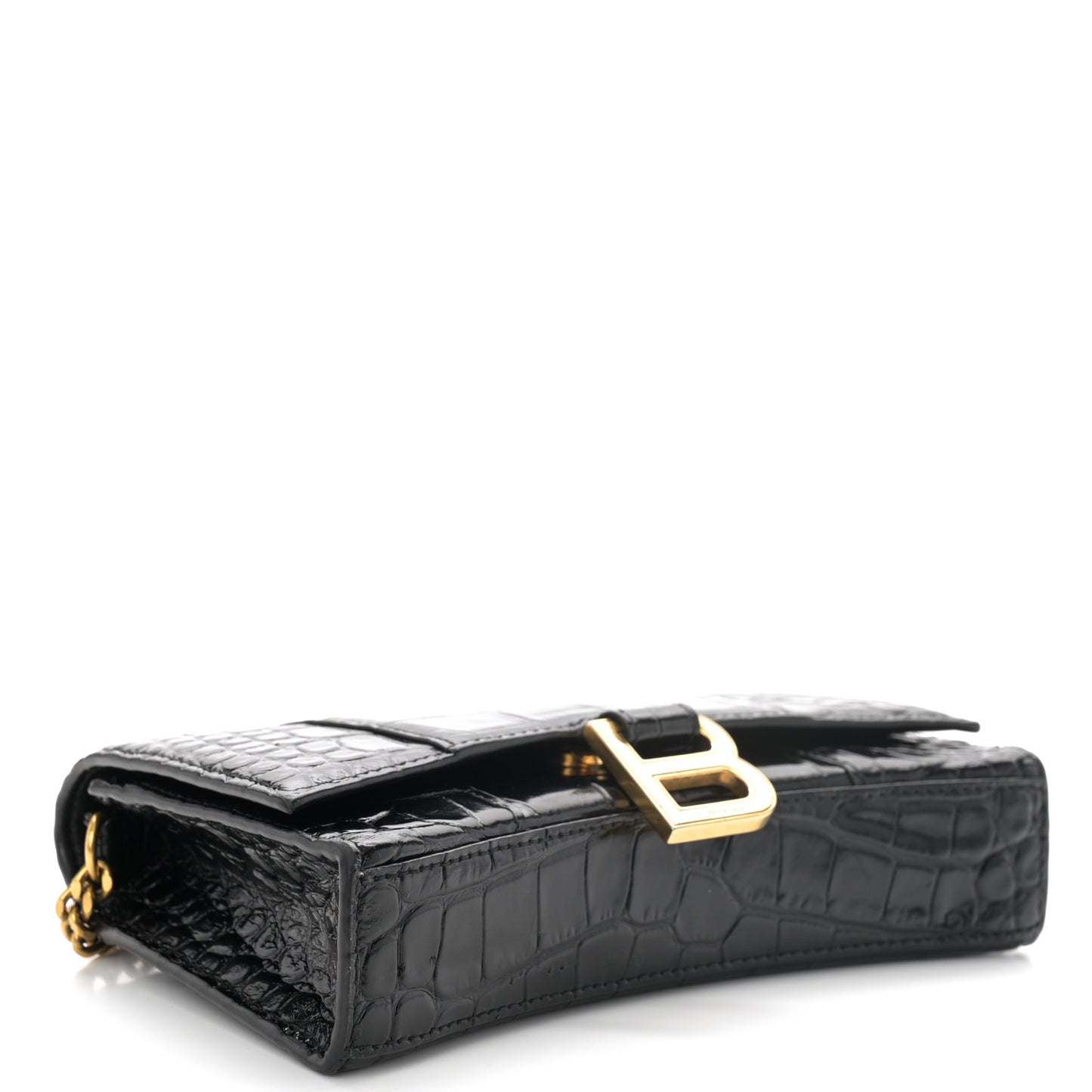 Shiny Calfskin Crocodile Embossed Hourglass Chain Bag Black