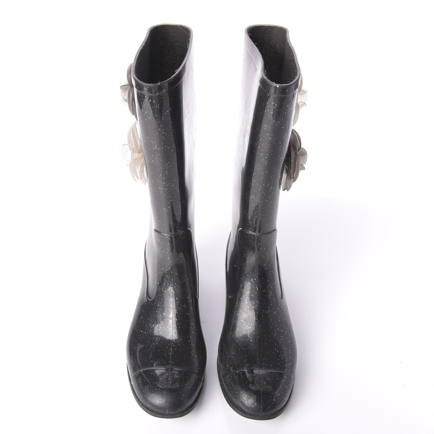 Chanel Rubber Glitter Camellia Rain Boots 40 Black 5 of 10