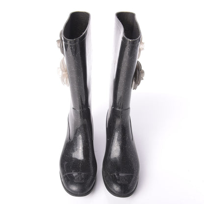 Chanel Rubber Glitter Camellia Rain Boots 40 Black 5 of 10