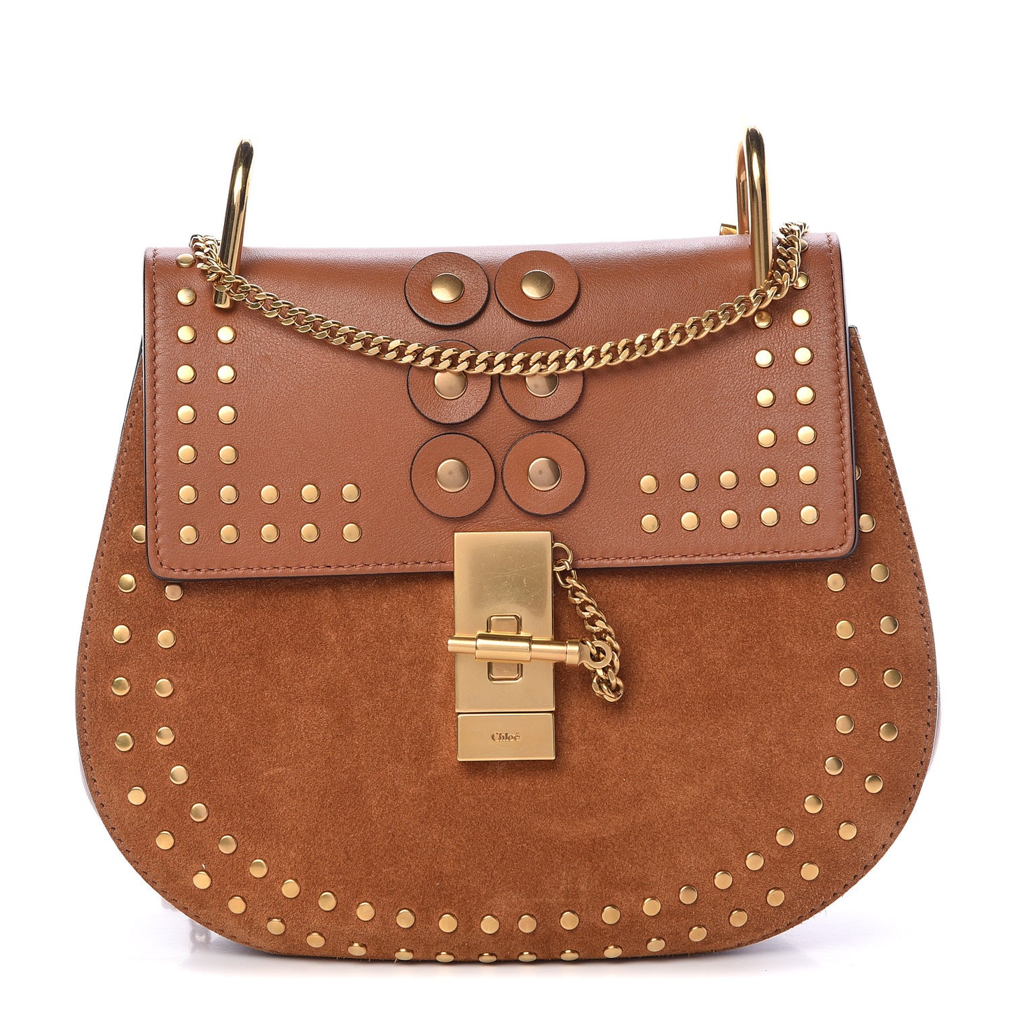 Suede Smooth Calfskin Studded Drew Shoulder Bag Caramel