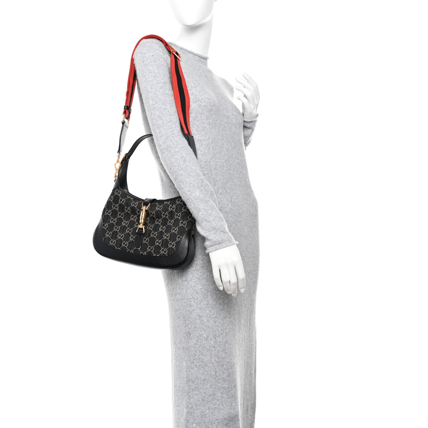 Gucci Jacquard Denim GG Monogram Small Jackie 1961 Hobo Black Ivory 2 of 10