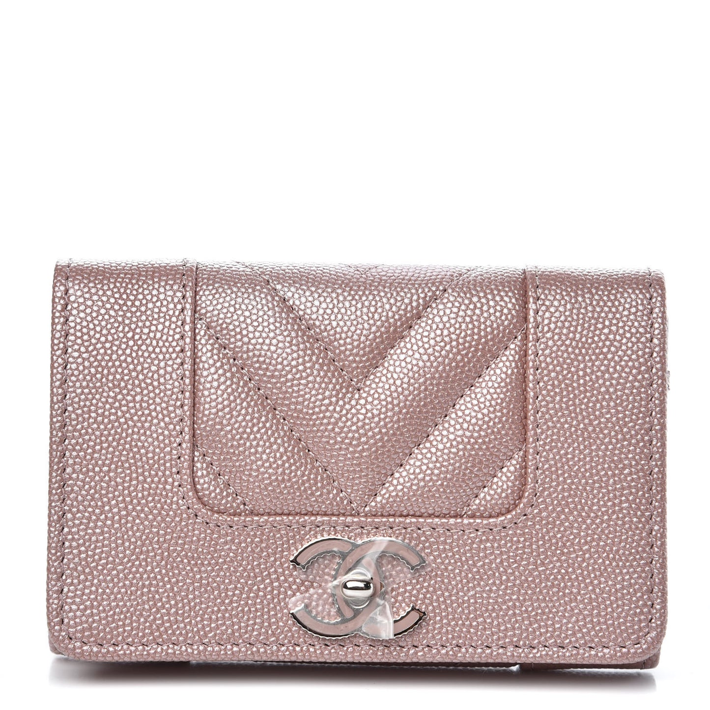 Metallic Caviar Chevron Quilted Vintage Mademoiselle Card Holder Pink