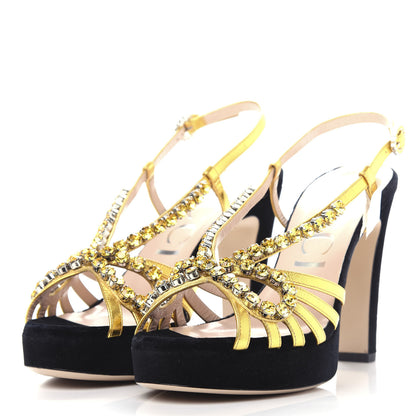 Gucci Velvet Nappa Crystal Zephyra Slingback Platform High Heel Sandals 39 Black Gold 3 of 10