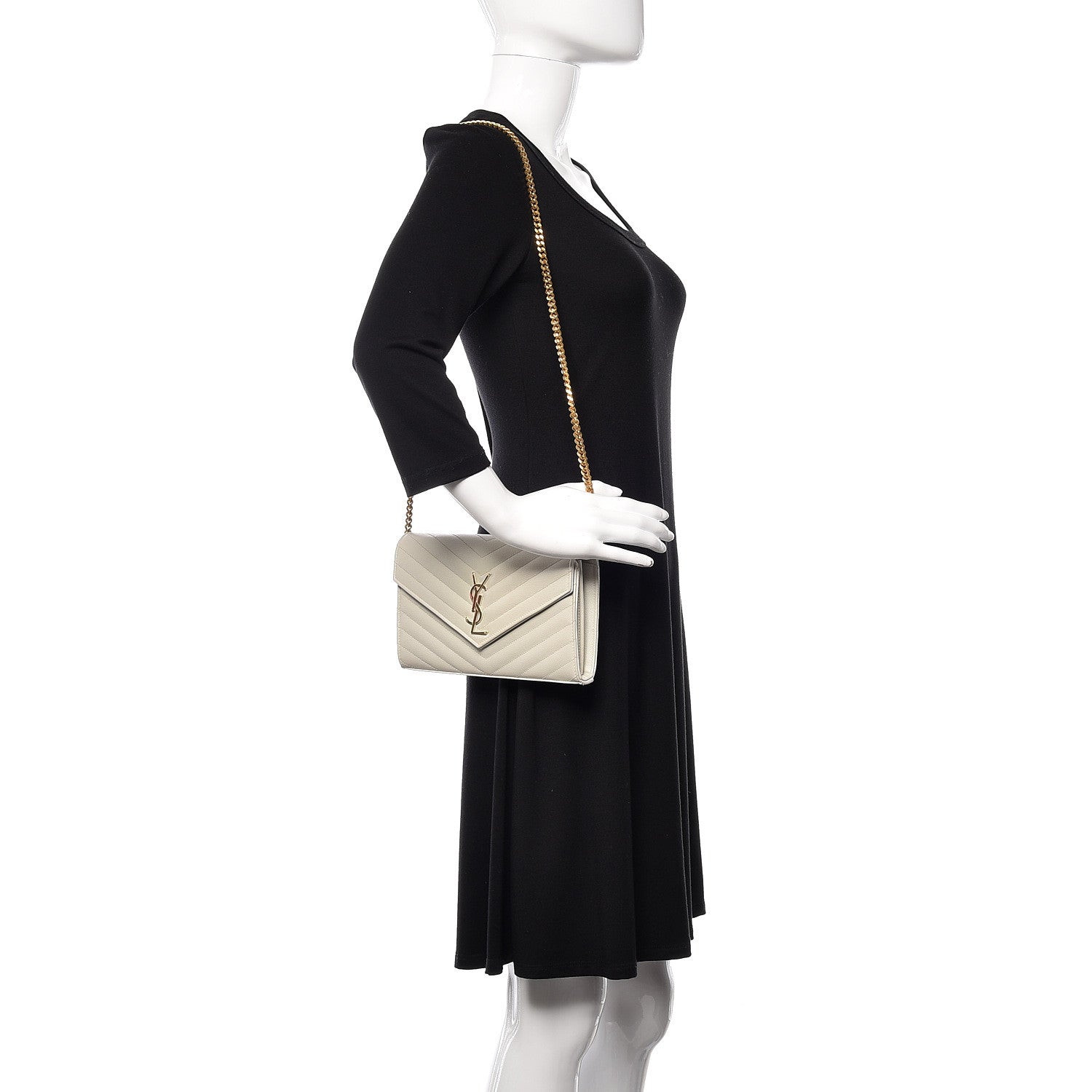 Saint Laurent Grain De Poudre Matelasse Chevron Monogram Chain Wallet Crema Soft 2 of 10