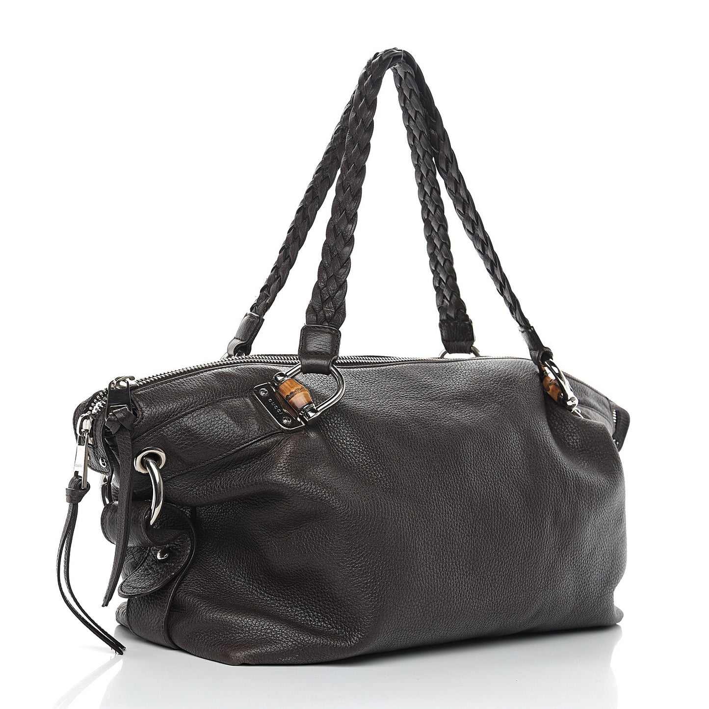 Pebbled Calfskin Large Bamboo Bar Tassel Shoulder Bag Dark Brown
