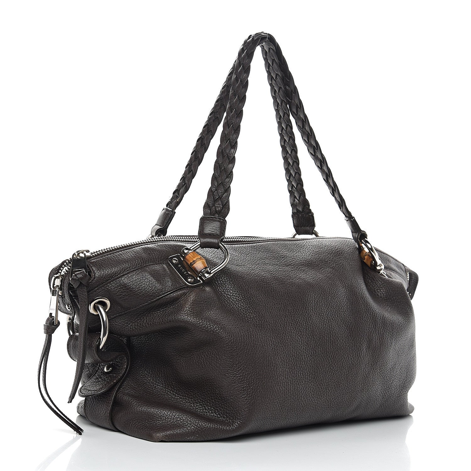 Gucci Pebbled Calfskin Large Bamboo Bar Tassel Shoulder Bag Dark Brown 2 of 10