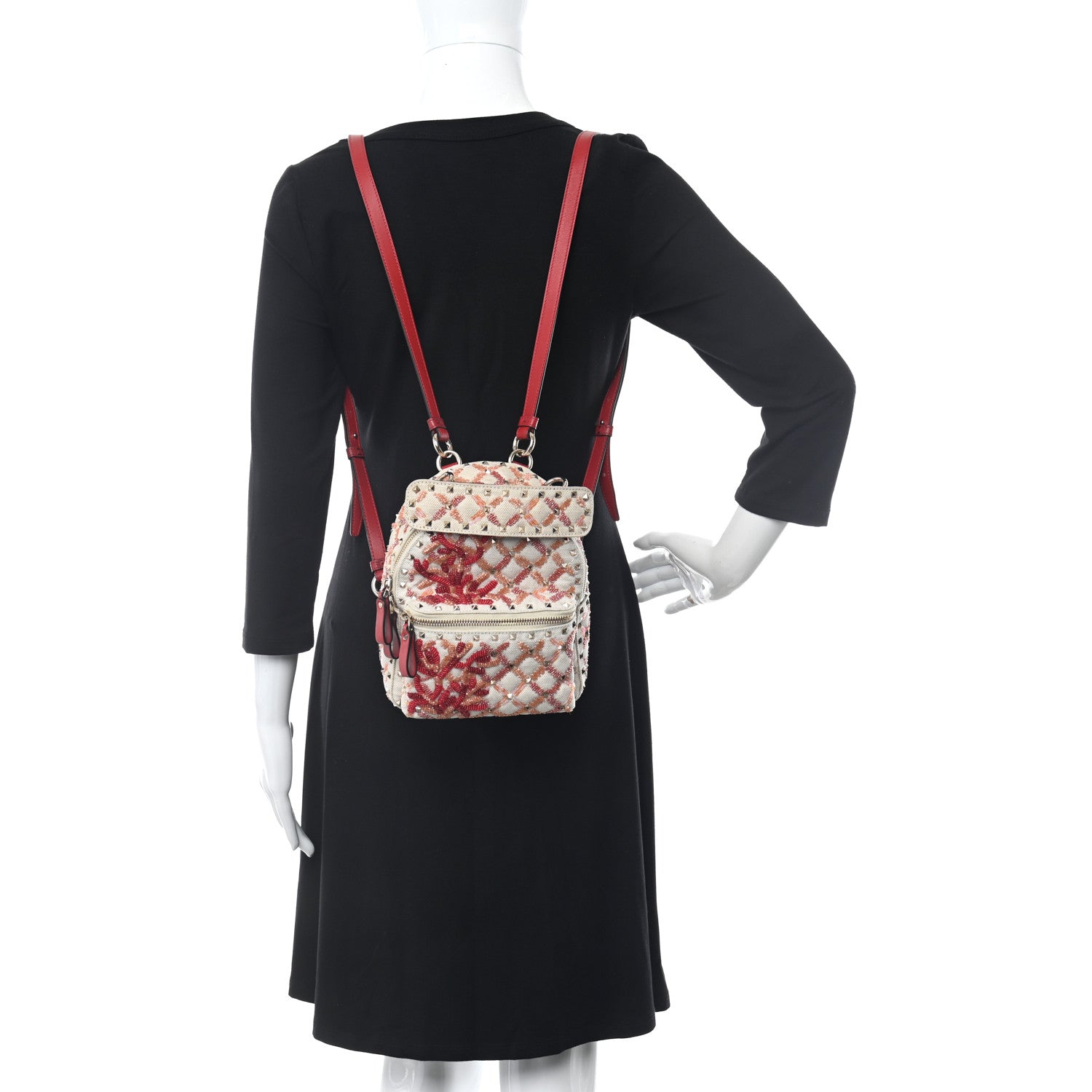 Valentino Garavani Canvas Beaded Mini Rockstud Spike Backpack Red 3 of 9